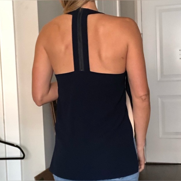 Line & Dot Navy with Cream Side Drape Halter Top Poly Overlay Size XS - Picture 4 of 13